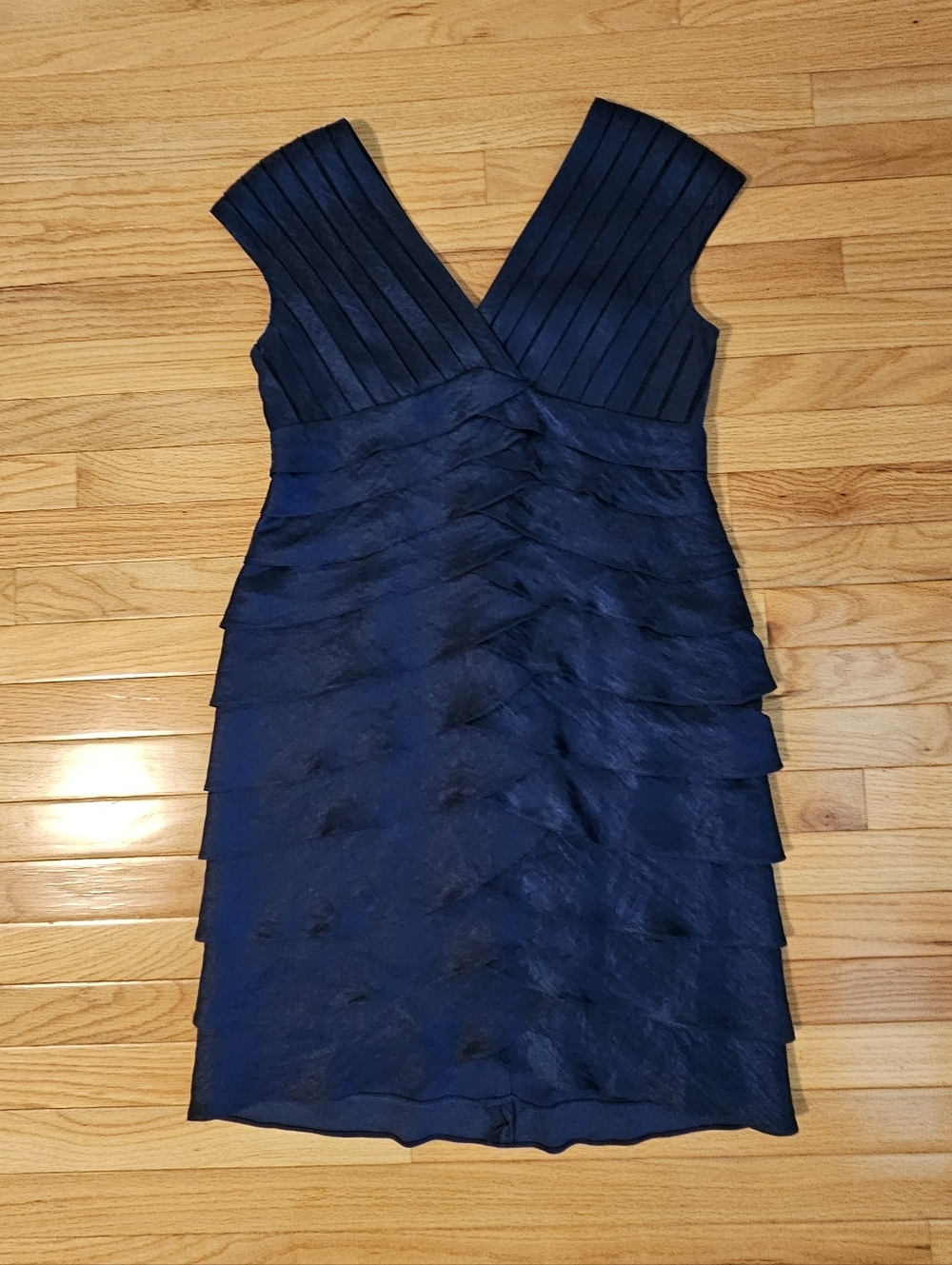 Adrianna Papell Women's Navy Blue Layered Ruffles Mesh Sheath Dress Size 14